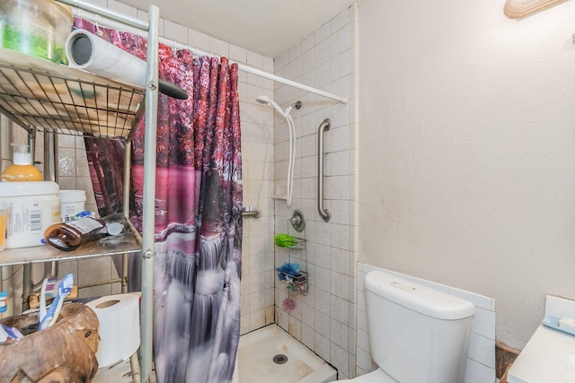 bathroom with toilet and a stall shower