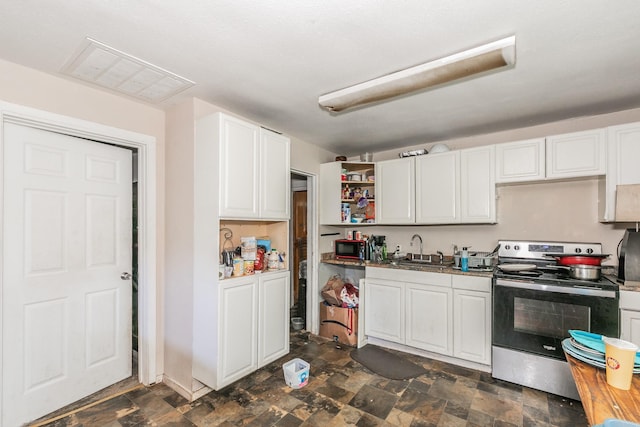 kitchen with stainless steel electric stove, stone finish flooring, open shelves, and a sink