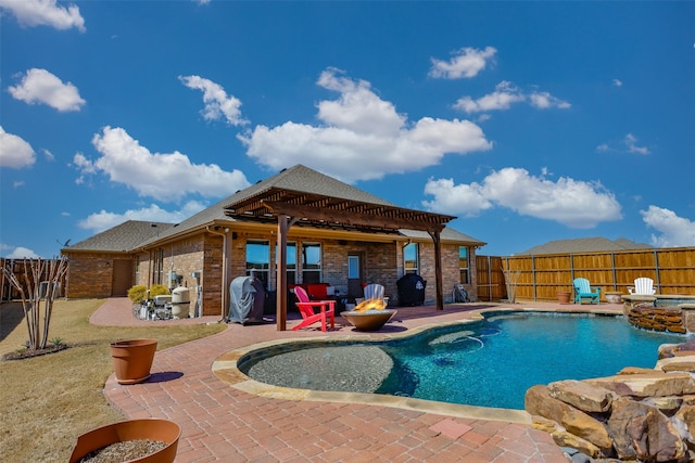 3236 Camden Creek Rd, Krum, TX 76249 - view of pool featuring a fire pit, a fenced backyard, a pergola, a patio, and a pool with connected hot tub