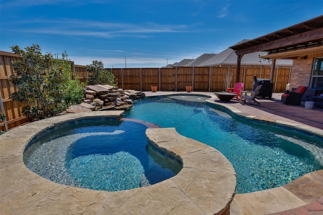 3236 Camden Creek Rd, Krum, TX 76249 - view of swimming pool with a fenced backyard, a pool with connected hot tub, and a patio