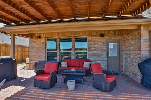 3236 Camden Creek Rd, Krum, TX 76249 - view of patio / terrace featuring an outdoor hangout area, grilling area, and fence