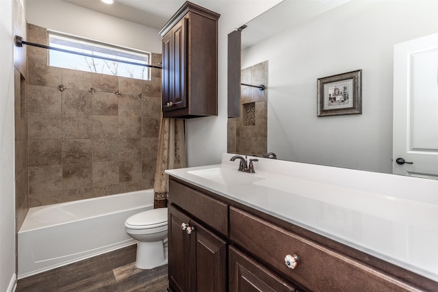 3236 Camden Creek Rd, Krum, TX 76249 - bathroom featuring wood finished floors, shower / bath combo, toilet, and vanity
