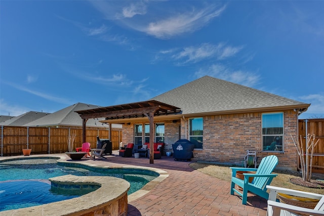 3236 Camden Creek Rd, Krum, TX 76249 - view of swimming pool featuring a pergola, a fenced backyard, a patio area, and a pool with connected hot tub