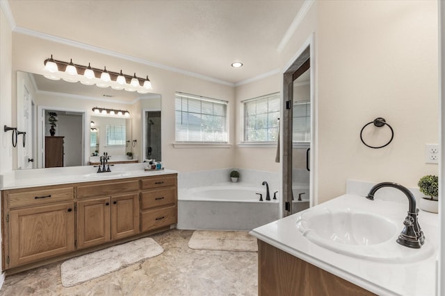 full bathroom with two vanities, a shower stall, ornamental molding, and a sink