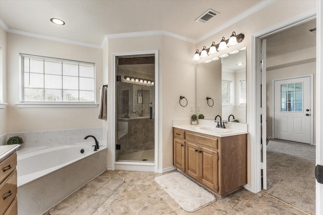 bathroom with a bath, a shower stall, visible vents, and vanity