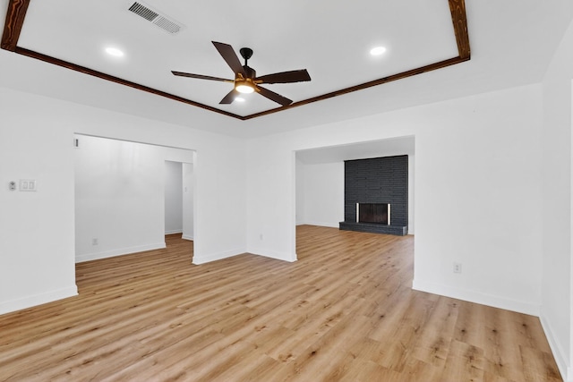7116 Town Bluff Dr, Dallas, TX 75248 - unfurnished living room with ceiling fan, baseboards, light wood-style floors, recessed lighting, and a brick fireplace