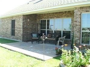 rear view of house featuring a patio area and brick siding