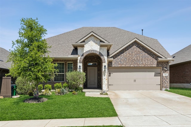view of front of property with concrete driveway, a front lawn, brick siding, and a garage