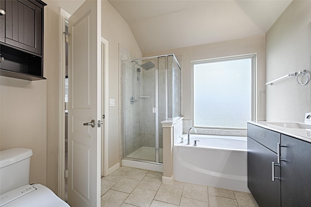 full bathroom with a bath, toilet, tile patterned floors, and a stall shower