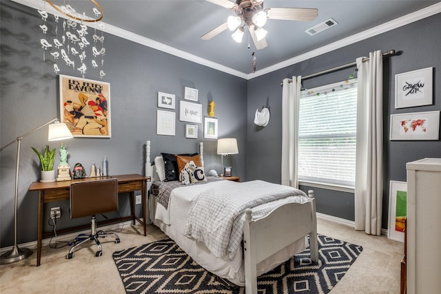 bedroom with baseboards, visible vents, carpet, and crown molding