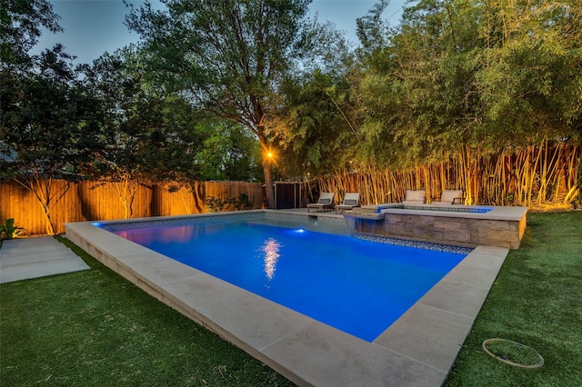 view of pool featuring a fenced backyard, a yard, and a fenced in pool