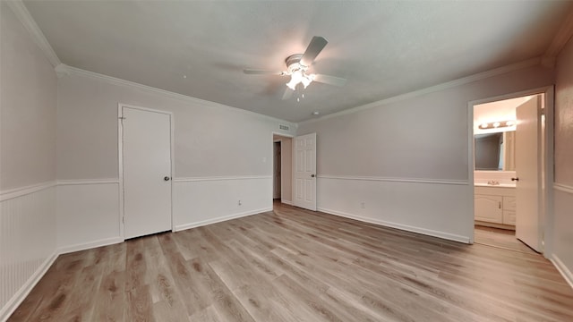 1814 Novel Dr, Garland, TX 75040 - unfurnished bedroom with light wood-style floors, crown molding, a ceiling fan, and connected bathroom