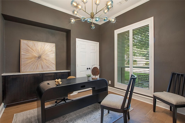 9603 Greensprint Dr, Dallas, TX 75238 - home office with wood finished floors, ornamental molding, and a chandelier