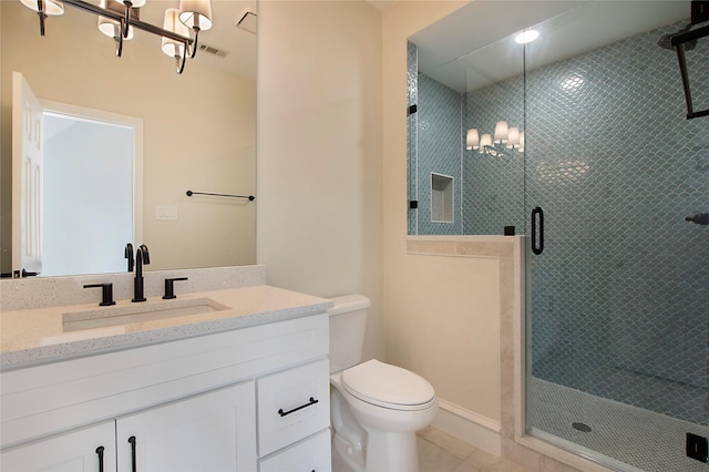 9603 Greensprint Dr, Dallas, TX 75238 - full bath featuring a chandelier, vanity, a stall shower, and tile patterned floors