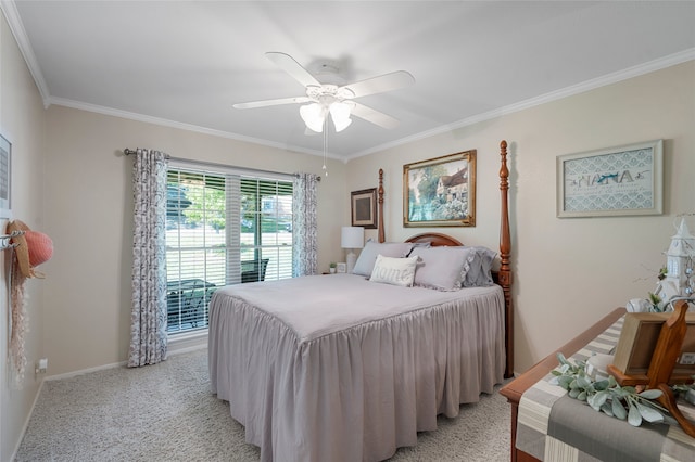 bedroom with light carpet, crown molding, baseboards, and ceiling fan