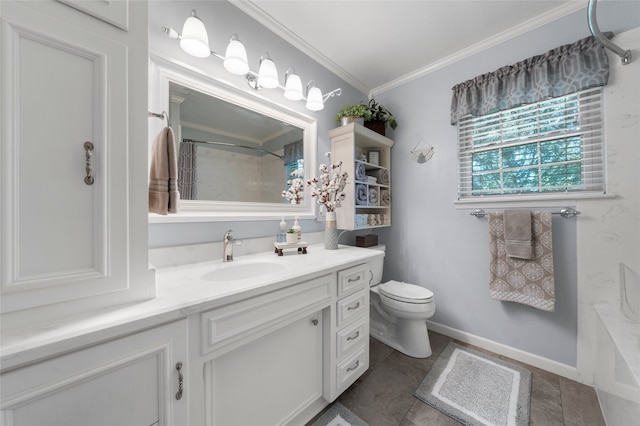 bathroom featuring curtained shower, toilet, vanity, ornamental molding, and baseboards