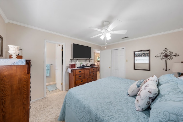bedroom with light colored carpet, ornamental molding, and visible vents