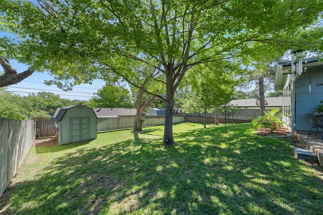 view of yard featuring a fenced backyard, a storage unit, and an outdoor structure