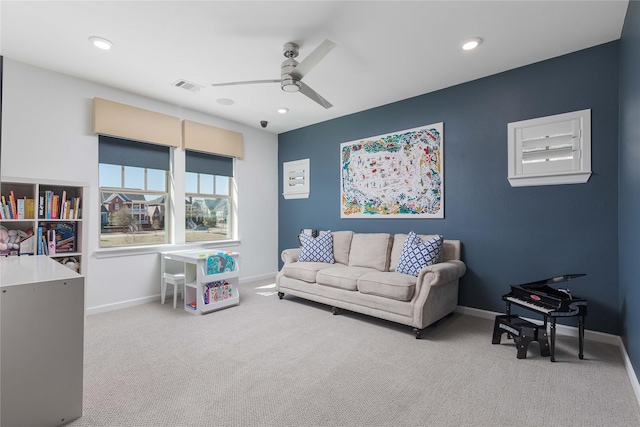 interior space featuring baseboards, a ceiling fan, visible vents, and recessed lighting