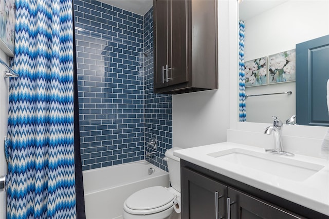full bathroom featuring toilet, vanity, and shower / bathtub combination with curtain