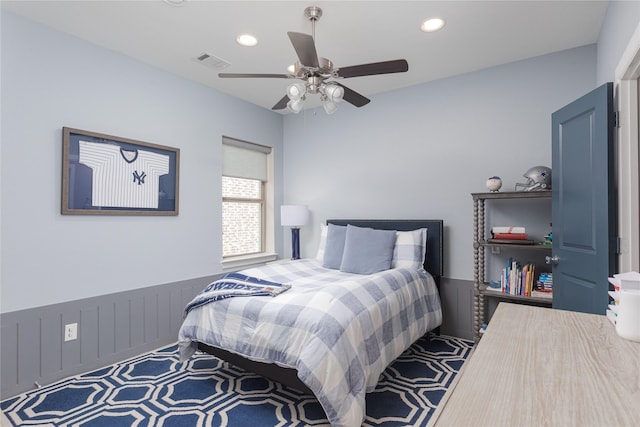 bedroom featuring a ceiling fan, visible vents, and recessed lighting