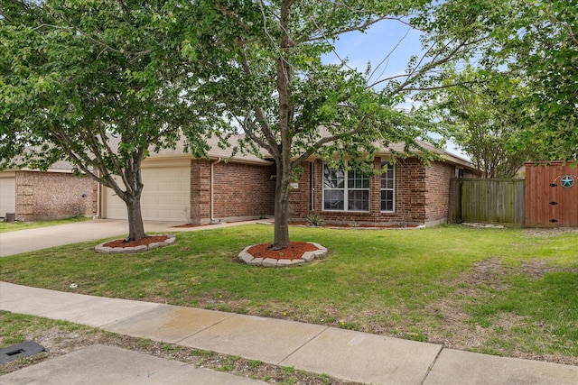 view of front of property with a garage, a front lawn, brick siding, and concrete driveway