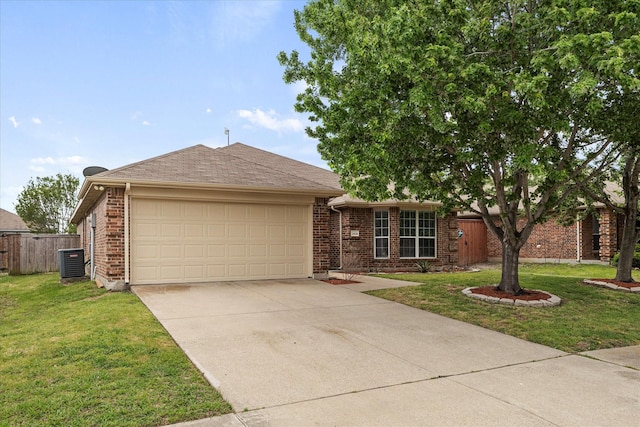 single story home featuring central AC unit, fence, an attached garage, driveway, and brick siding
