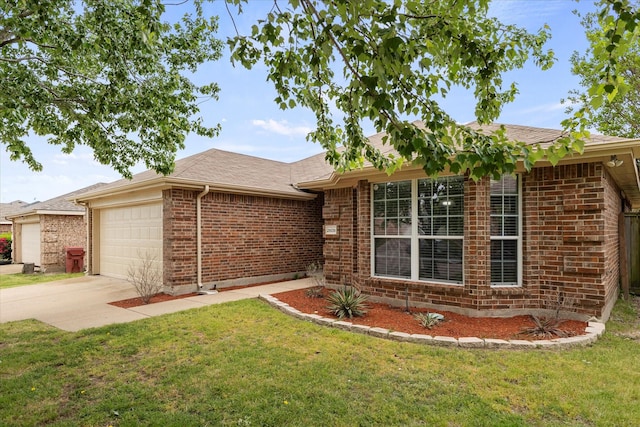 ranch-style home with concrete driveway, a shingled roof, brick siding, and a garage