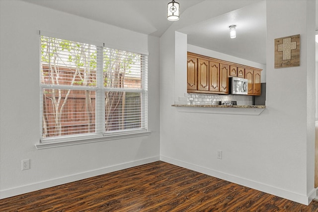 unfurnished dining area featuring baseboards, dark wood-type flooring, and plenty of natural light