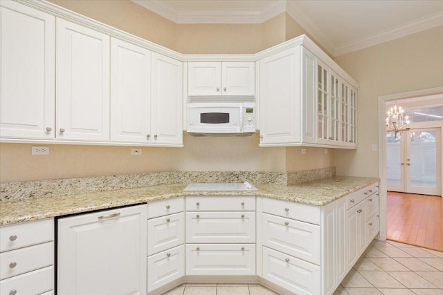 kitchen with white appliances, light tile patterned floors, glass insert cabinets, white cabinets, and ornamental molding
