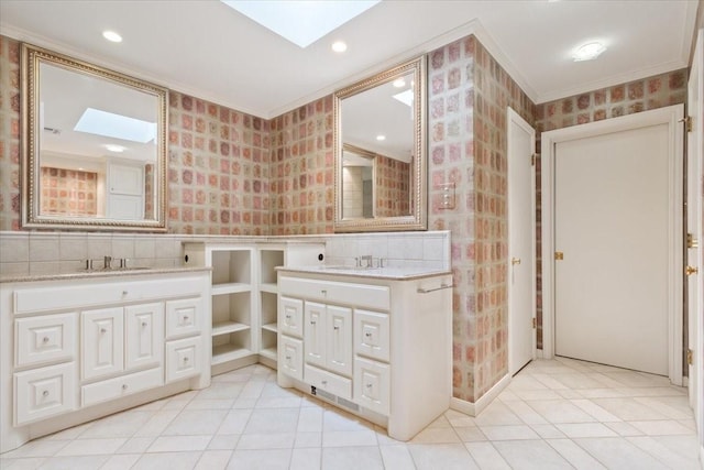 full bath featuring wallpapered walls, a skylight, and ornamental molding
