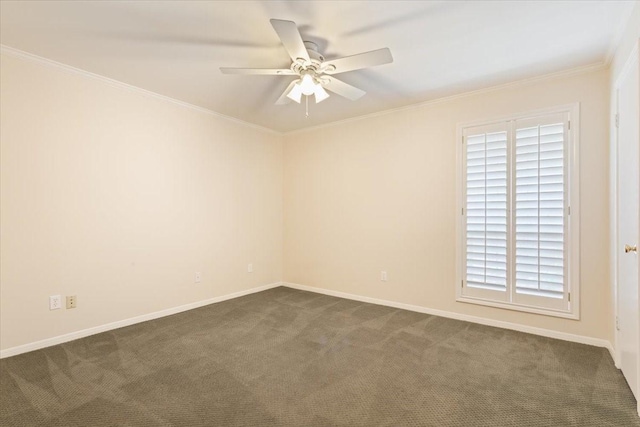 unfurnished room with dark colored carpet, baseboards, and ceiling fan