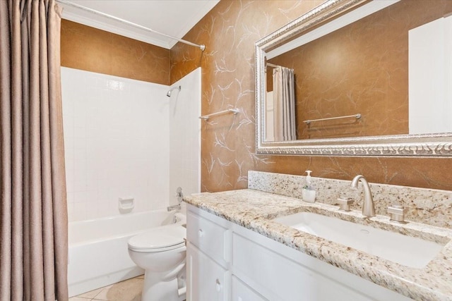 bathroom featuring shower / bath combo, vanity, toilet, ornamental molding, and tile patterned flooring