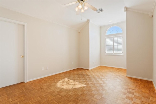 empty room featuring crown molding, visible vents, a ceiling fan, and baseboards