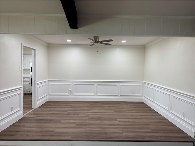 unfurnished room featuring recessed lighting, a decorative wall, a ceiling fan, and dark wood-type flooring