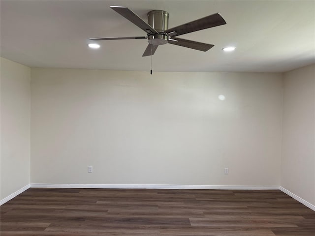 empty room with a ceiling fan, baseboards, recessed lighting, and dark wood-style flooring
