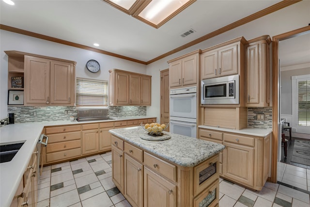 4524 Tuscany Dr, Plano, TX 75093 - kitchen featuring double oven, stainless steel microwave, light brown cabinetry, open shelves, and recessed lighting