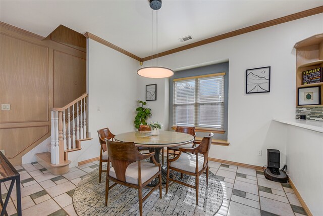 4524 Tuscany Dr, Plano, TX 75093 - dining area featuring stairs, baseboards, crown molding, and light tile patterned floors