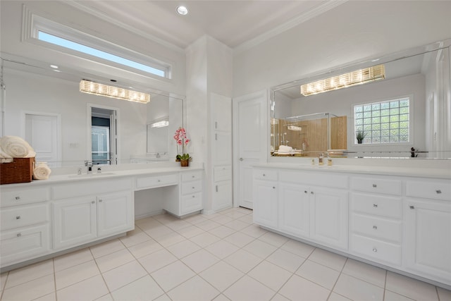 4524 Tuscany Dr, Plano, TX 75093 - full bathroom with crown molding, a stall shower, vanity, and tile patterned flooring