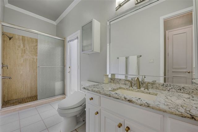 4524 Tuscany Dr, Plano, TX 75093 - full bathroom with toilet, a stall shower, vanity, crown molding, and tile patterned floors