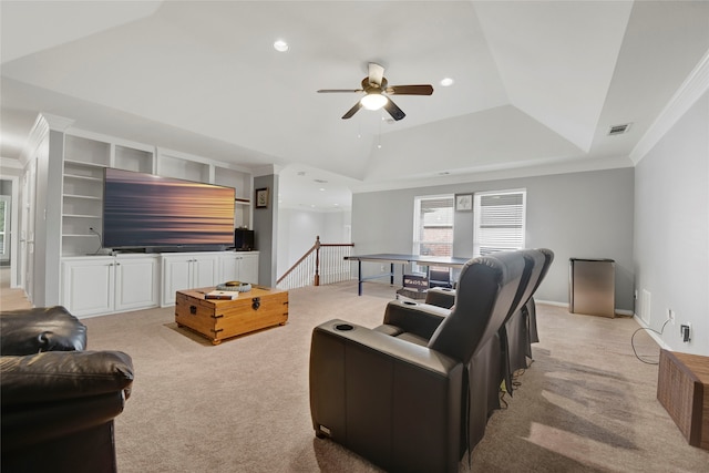 4524 Tuscany Dr, Plano, TX 75093 - living area featuring light carpet, ornamental molding, a ceiling fan, a tray ceiling, and recessed lighting
