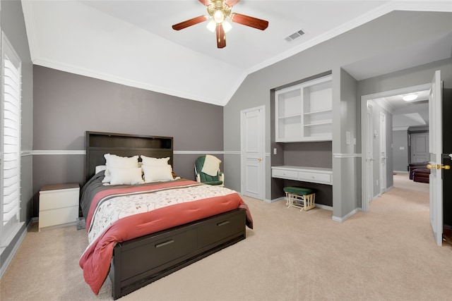 4524 Tuscany Dr, Plano, TX 75093 - carpeted bedroom with ornamental molding, vaulted ceiling, baseboards, and a ceiling fan