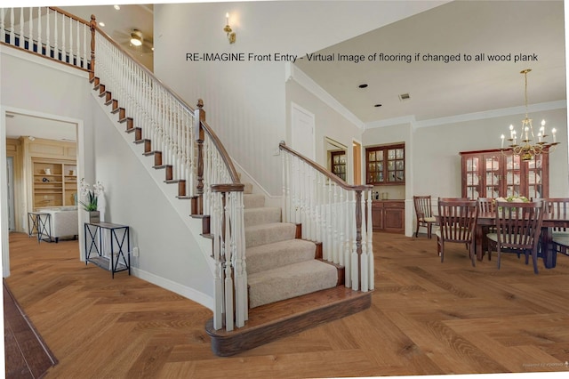 4524 Tuscany Dr, Plano, TX 75093 - staircase featuring baseboards, ornamental molding, and a chandelier