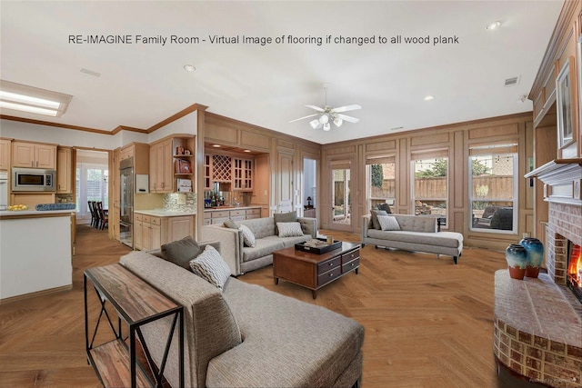 4524 Tuscany Dr, Plano, TX 75093 - living area with a brick fireplace, ceiling fan, ornamental molding, and recessed lighting