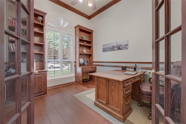 4524 Tuscany Dr, Plano, TX 75093 - office space featuring crown molding, wood-type flooring, plenty of natural light, and a ceiling fan