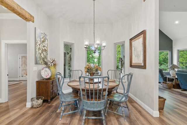 dining space with baseboards, wood finished floors, high vaulted ceiling, and a chandelier
