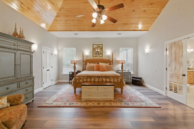 bedroom with wood ceiling, hardwood / wood-style flooring, and baseboards