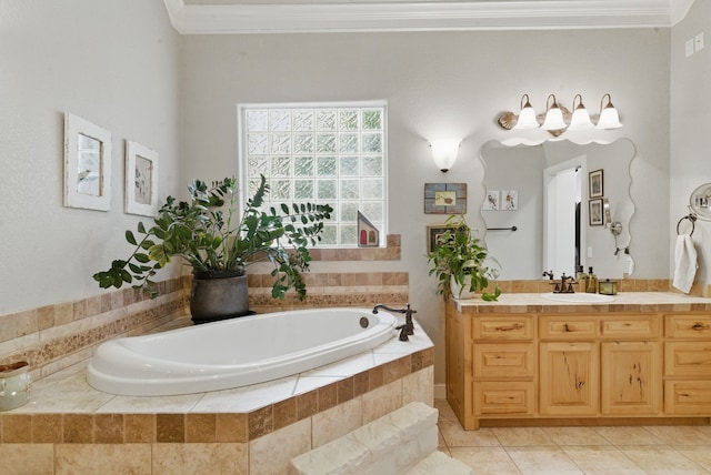 full bath with vanity, a bath, crown molding, and tile patterned flooring