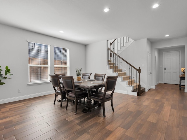1233 Altuda Dr, Forney, TX 75126 - dining space with stairs, dark wood-style floors, baseboards, and recessed lighting