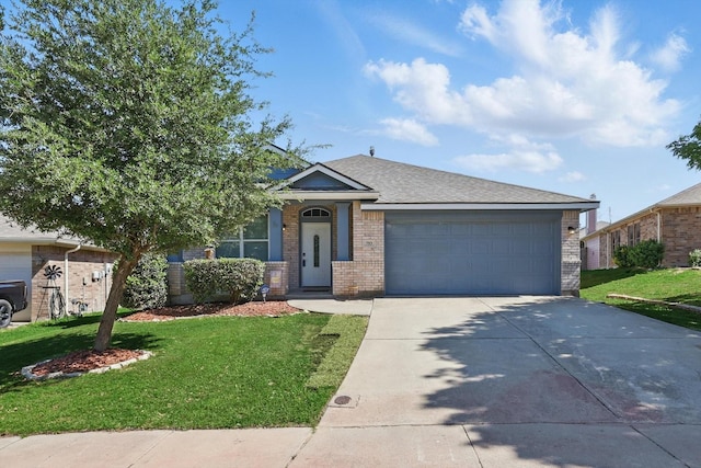 view of front of property featuring a shingled roof, concrete driveway, brick siding, a front yard, and a garage